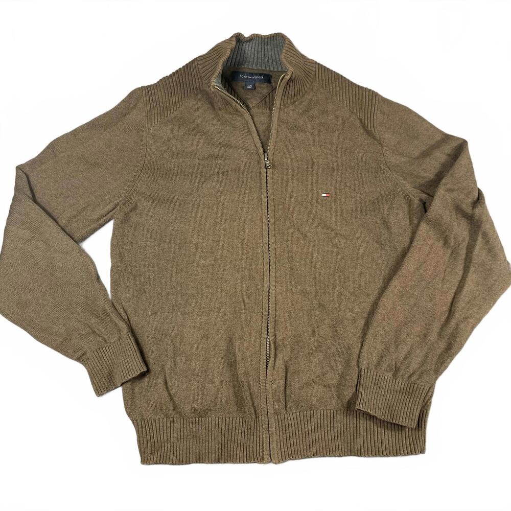 Tommy Hilfiger Mens Small Zip-Up Sweater - Stylish Brown Knit